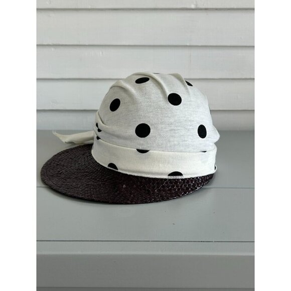 Neiman Marcus Women's White Black Polka Dot Woven Straw Cap Hat with Scarf Bow - Picture 4 of 7